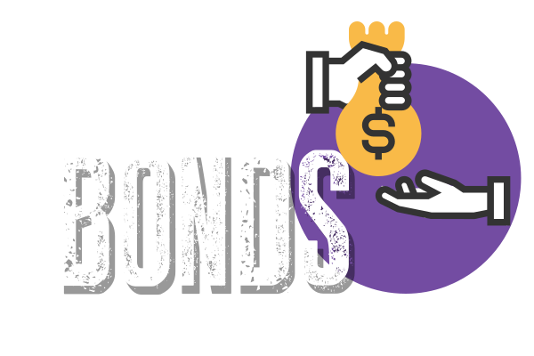 Investment Bond cartoon image with hands exchanging a bag of money.