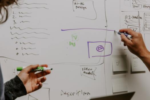 people discussing around a whiteboard